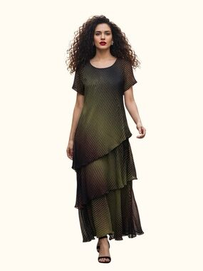 Vintage Nikky Green Brown Georgette Tiered Maxi Dress Size S